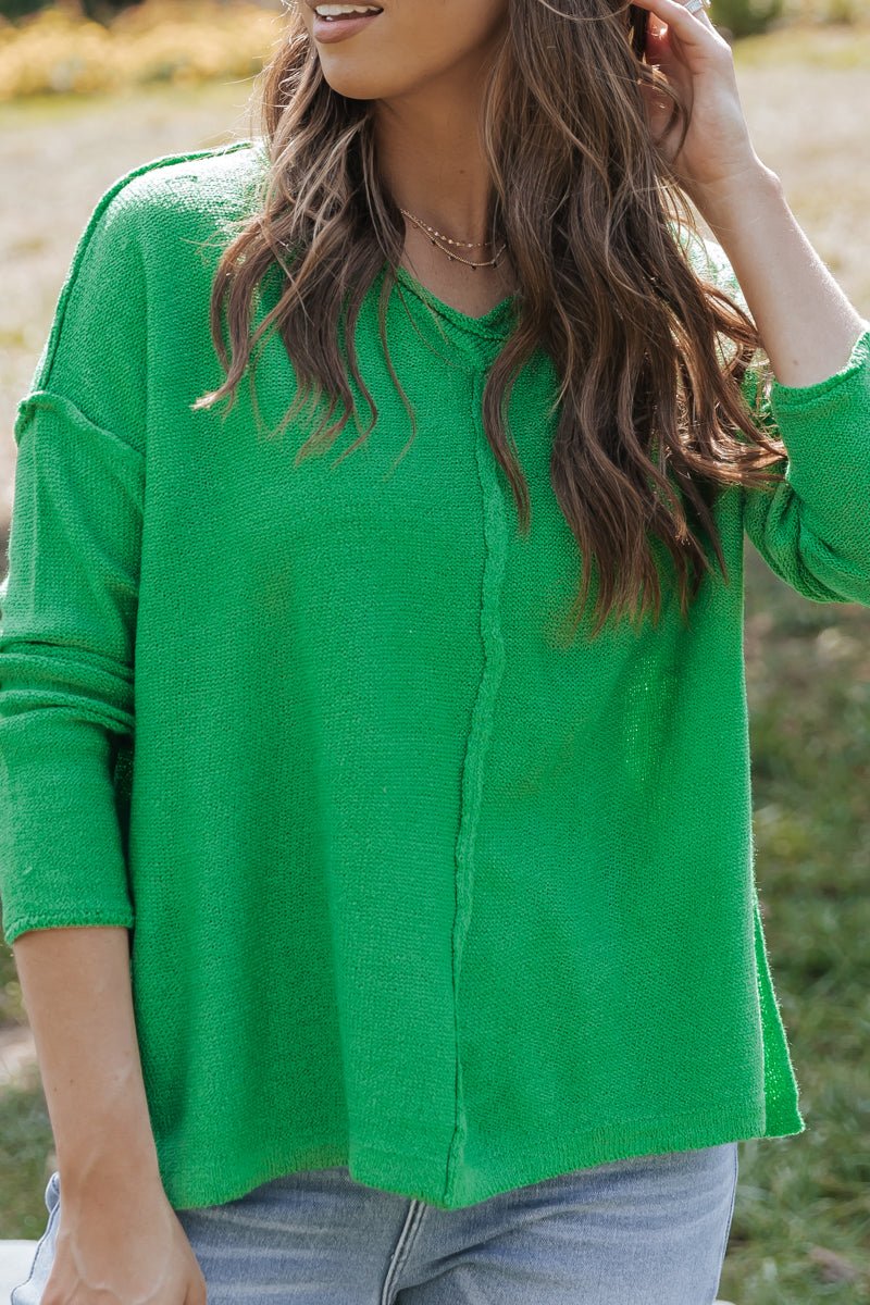 Kelly Green Stitch Detail Pullover Sweater - Magnolia Boutique