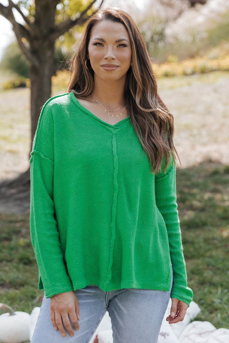 Kelly Green Stitch Detail Pullover Sweater - Magnolia Boutique