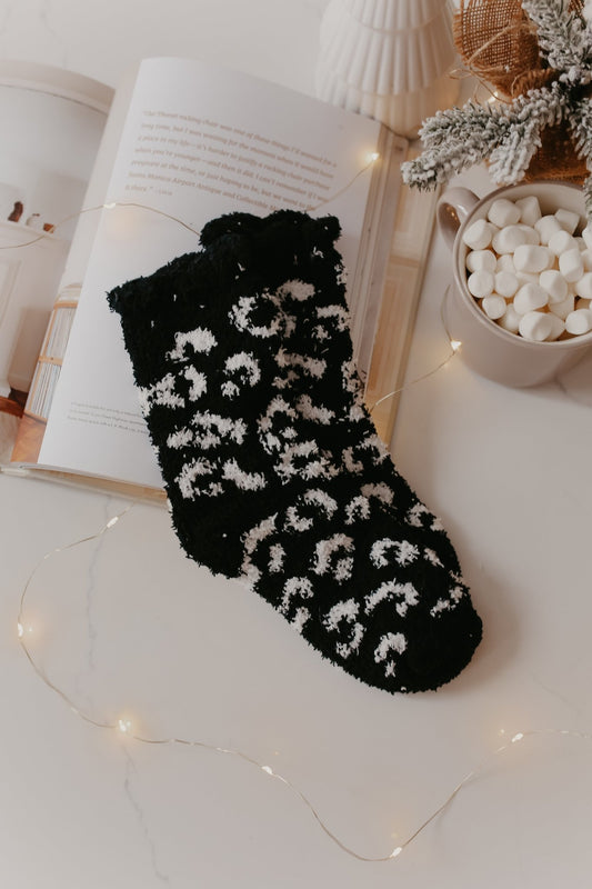 Leopard Print Fuzzy Crew Socks - Black - Magnolia Boutique
