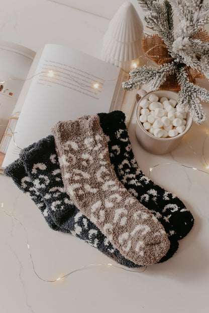 Leopard Print Fuzzy Crew Socks - Charcoal - Magnolia Boutique