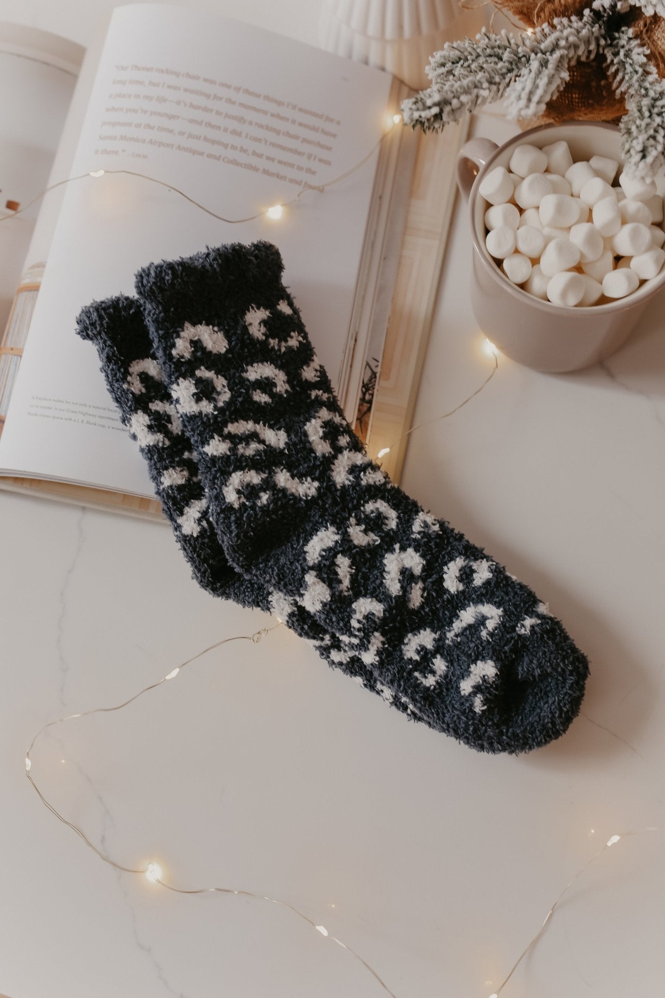 Leopard Print Fuzzy Crew Socks - Charcoal - Magnolia Boutique