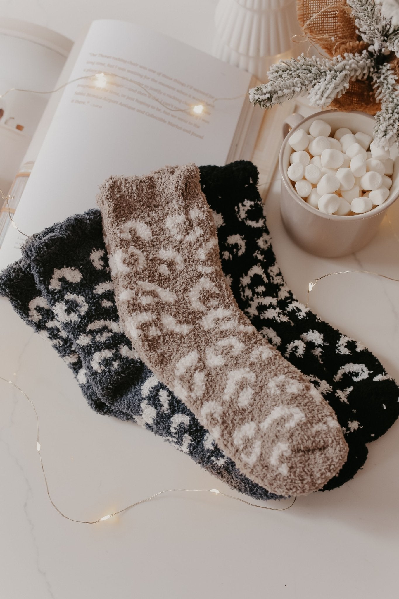 Leopard Print Fuzzy Crew Socks - Charcoal - Magnolia Boutique
