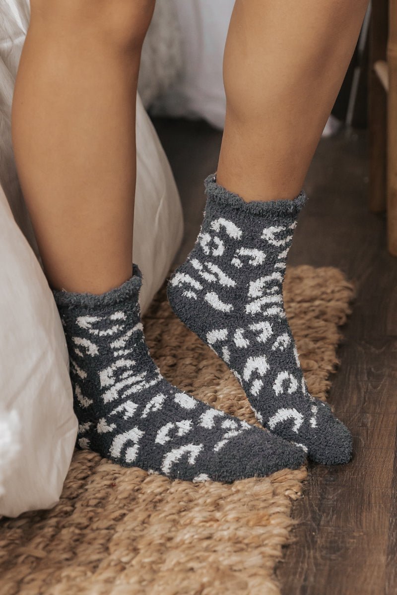 Leopard Print Fuzzy Crew Socks - Charcoal - Magnolia Boutique