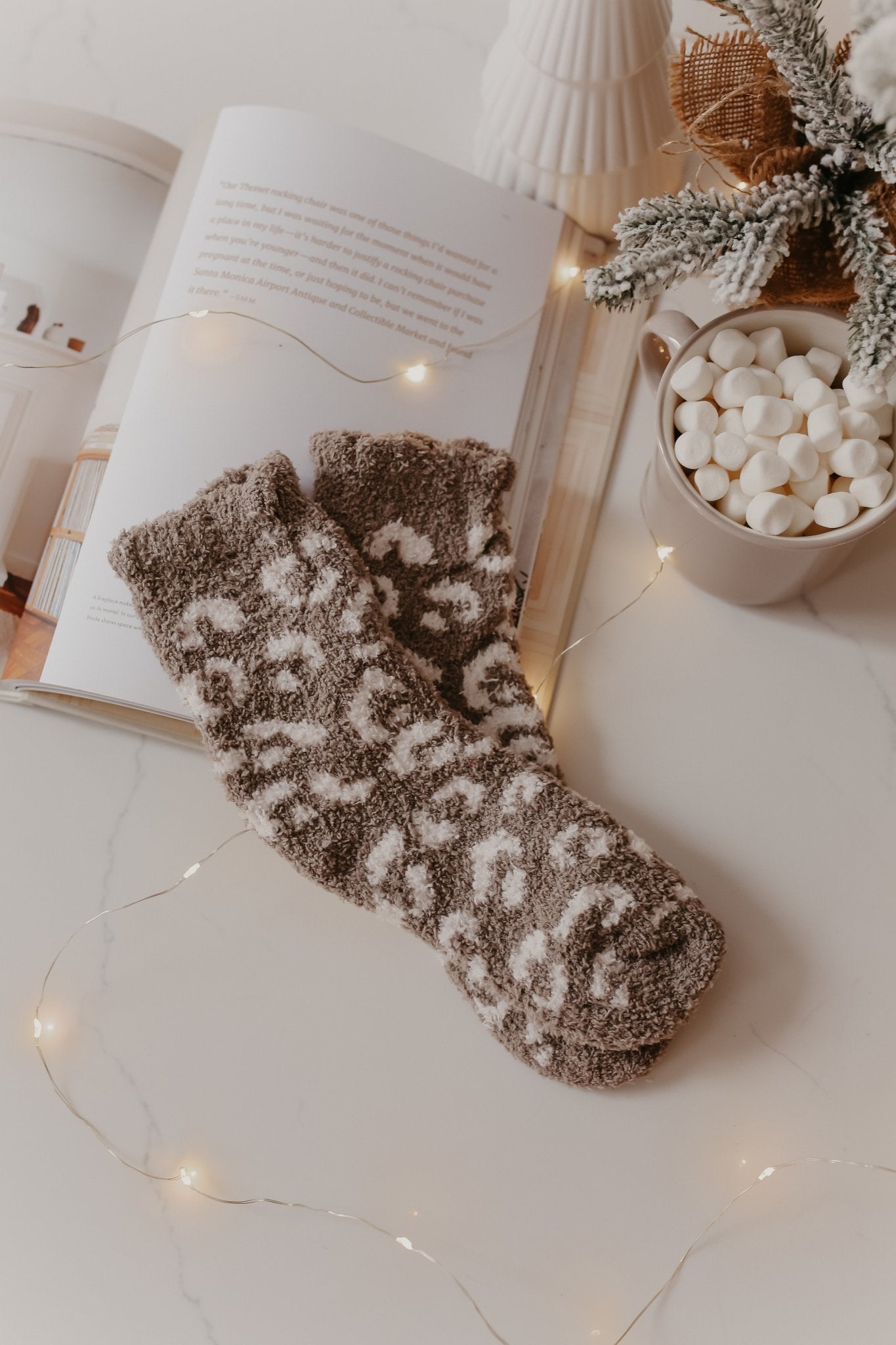 Leopard Print Fuzzy Crew Socks - Taupe - Magnolia Boutique