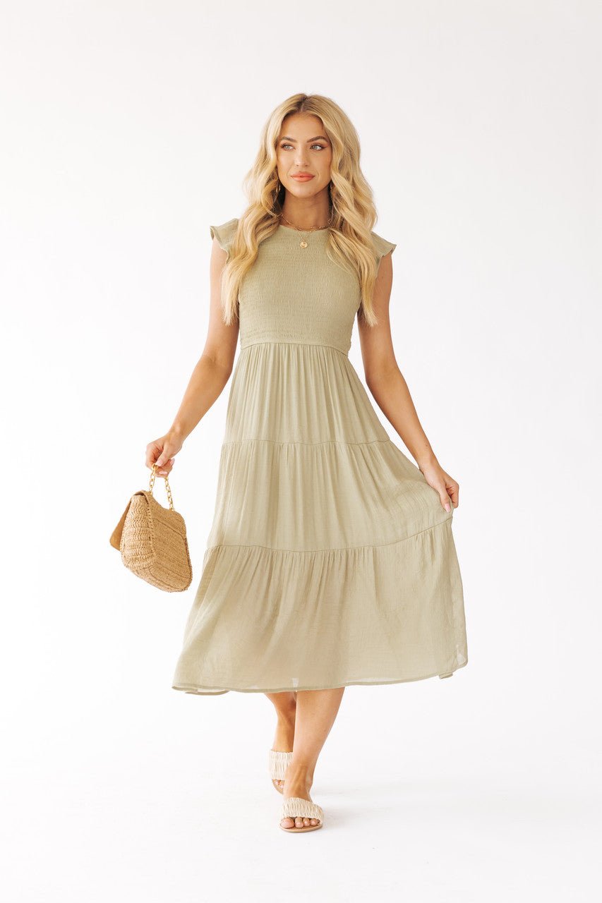 Light Olive Smocked Tiered Midi Dress - FINAL SALE - Magnolia Boutique