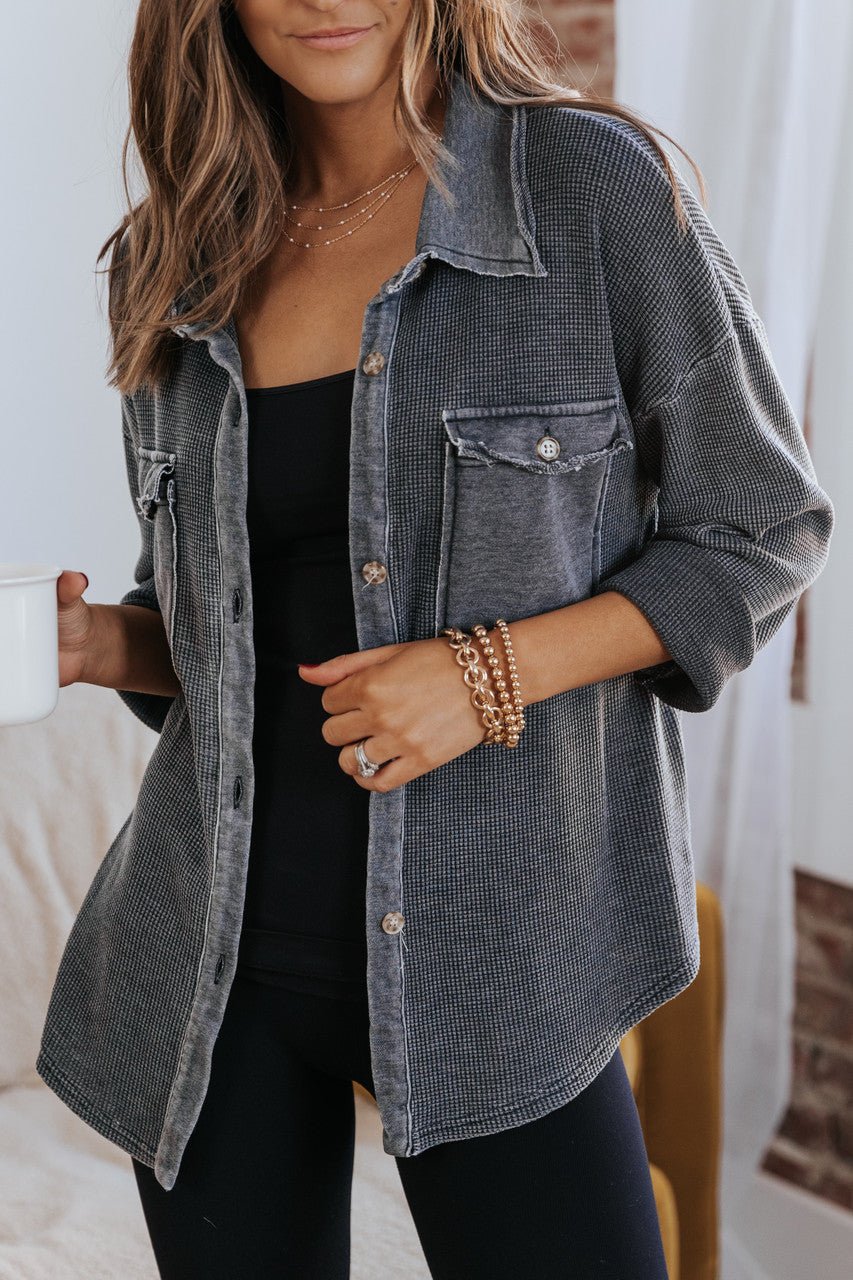 Lightweight Charcoal Waffle Knit Layering Shacket - Magnolia Boutique