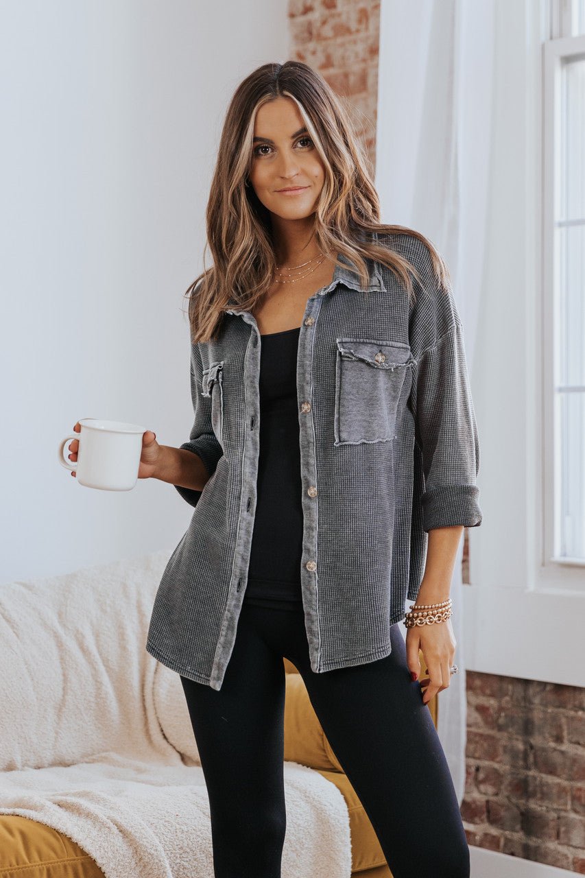 Lightweight Charcoal Waffle Knit Layering Shacket - Magnolia Boutique