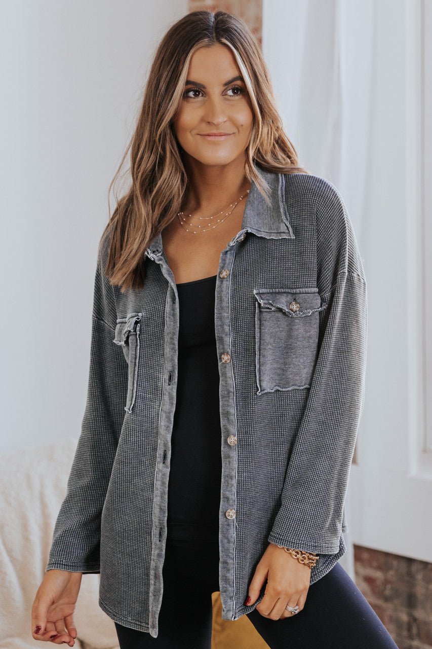 Lightweight Charcoal Waffle Knit Layering Shacket - Magnolia Boutique