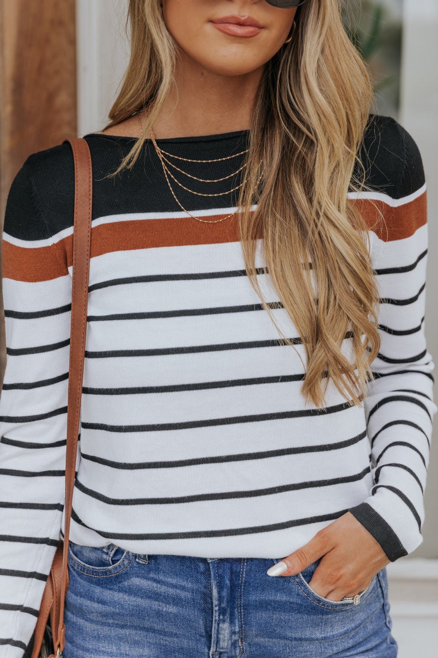 Long Sleeve Copper Colorblock Striped Pullover Sweater - Magnolia Boutique