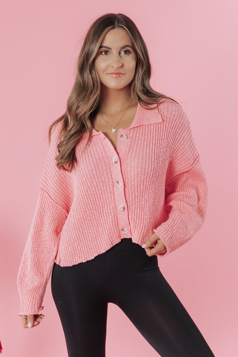 Loving On You Button Down Sweater - Pink - Magnolia Boutique