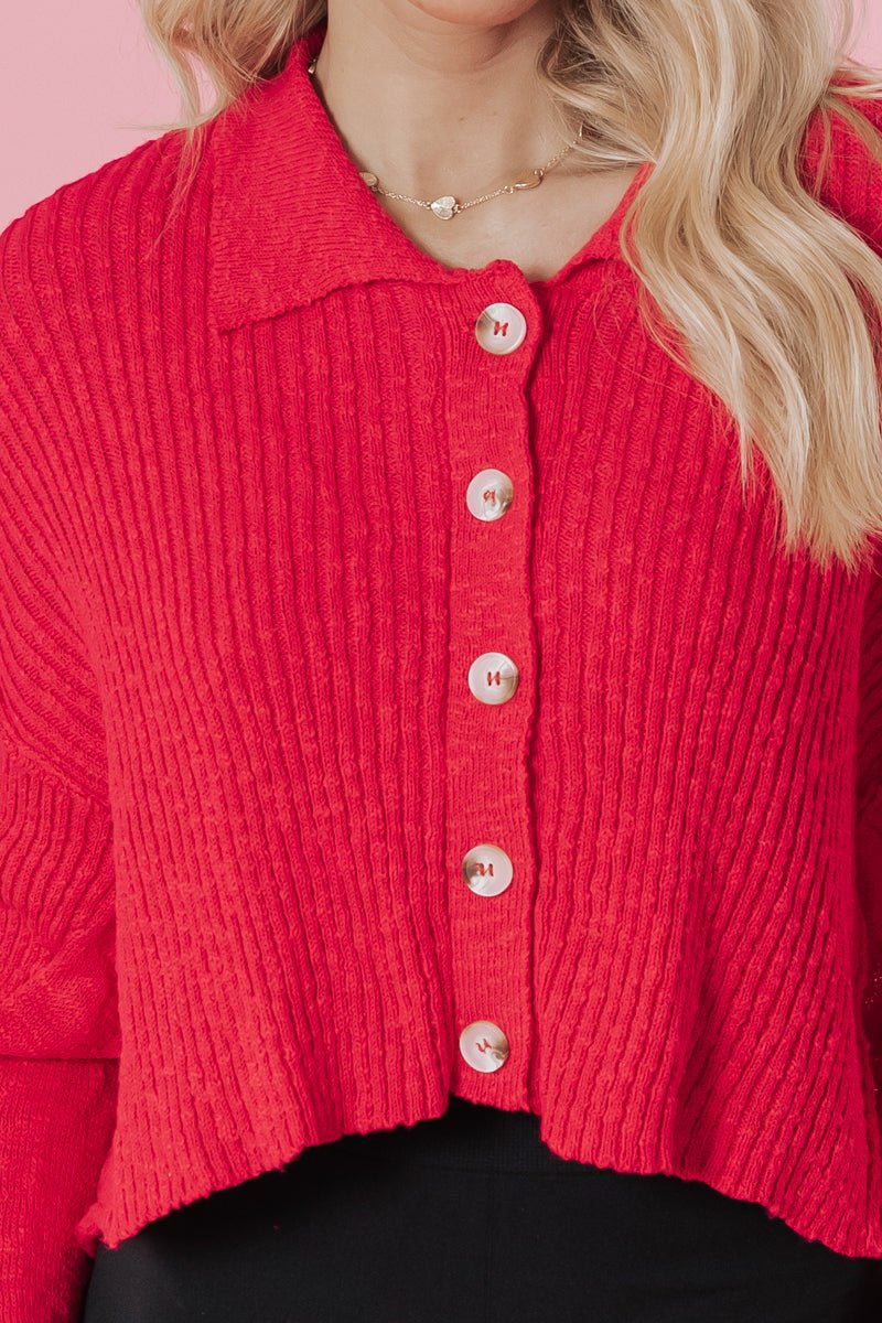 Loving On You Button Down Sweater - Red - Magnolia Boutique