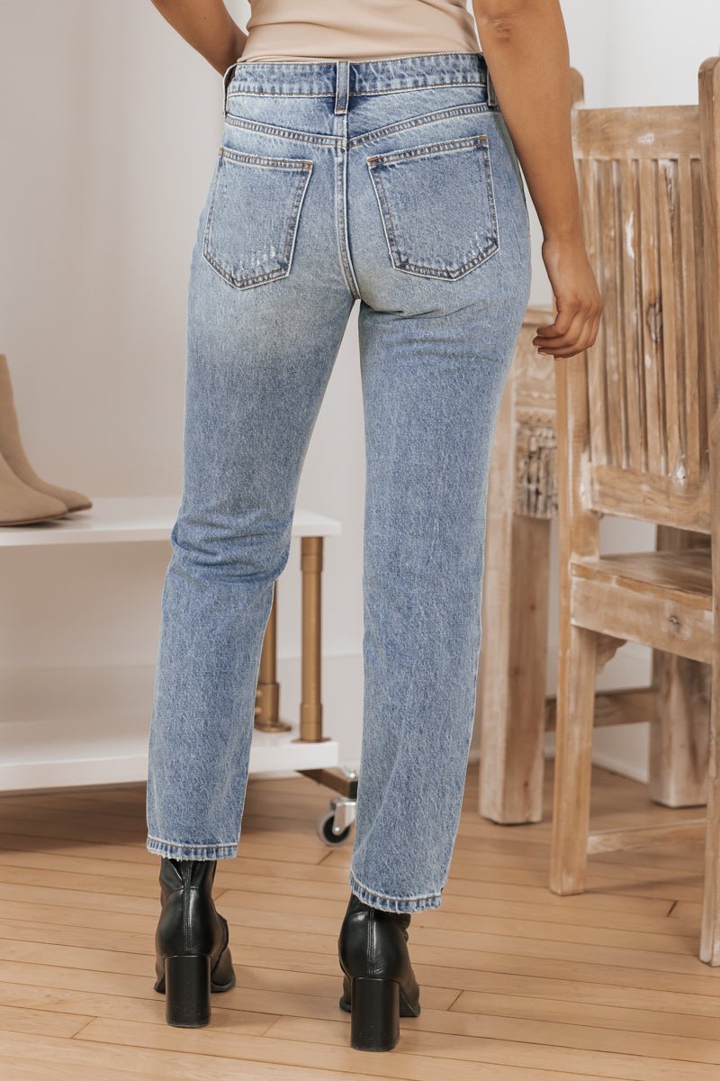 Medium Wash Distressed Slim Straight Jeans - Magnolia Boutique
