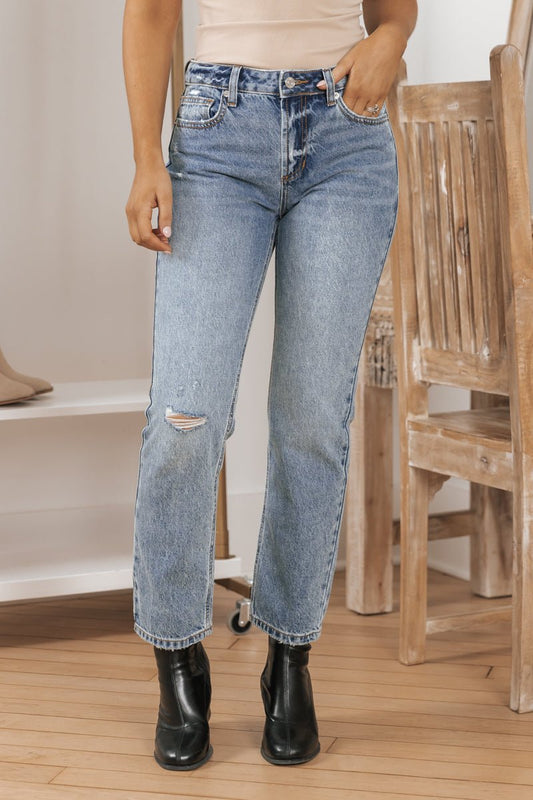 Medium Wash Distressed Slim Straight Jeans - Magnolia Boutique