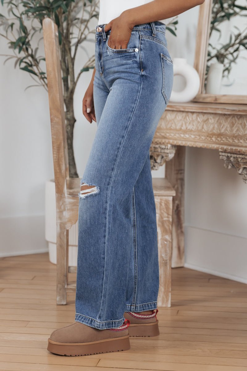Medium Wash Distressed Wide Leg Jeans - Magnolia Boutique