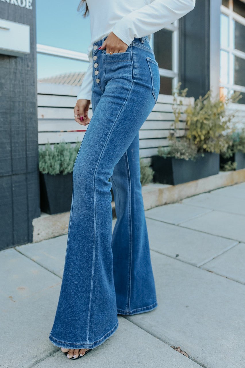 Washed Bell Bottom Front Seam Flare Pants in Light Blue - The