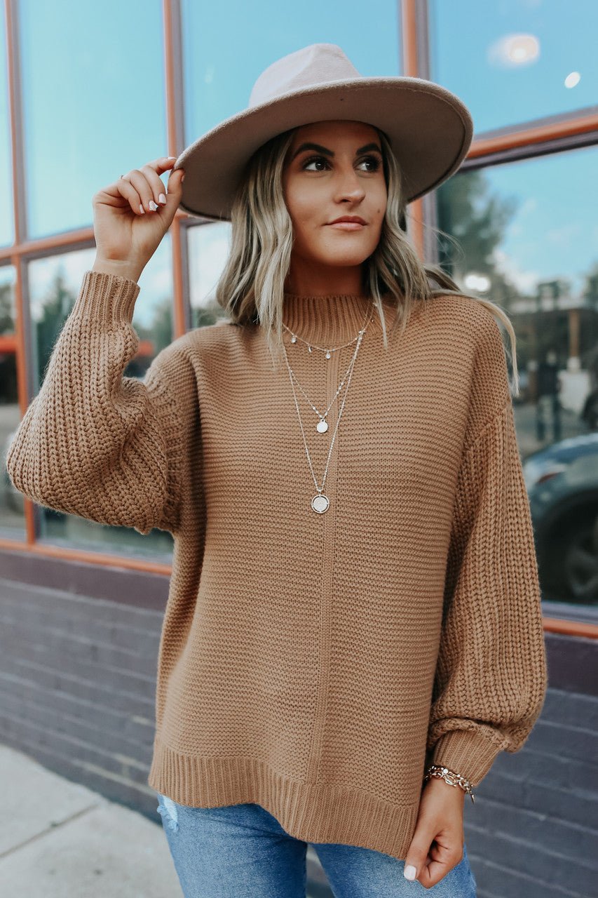 Mock Neck Camel Seam Detail Sweater - Magnolia Boutique