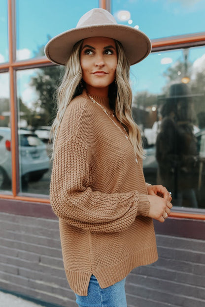 Mock Neck Camel Seam Detail Sweater - Magnolia Boutique