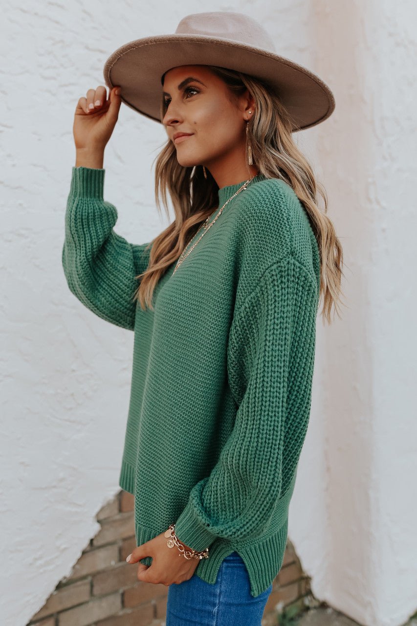 Mock Neck Green Seam Detail Sweater - Magnolia Boutique