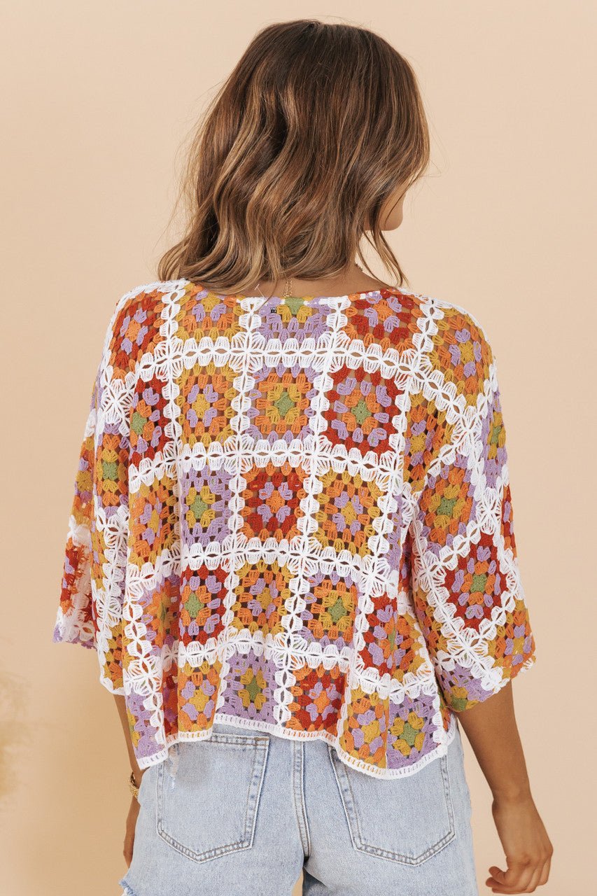 Multi Color 3/4 Sleeve Square Crochet Top - Magnolia Boutique