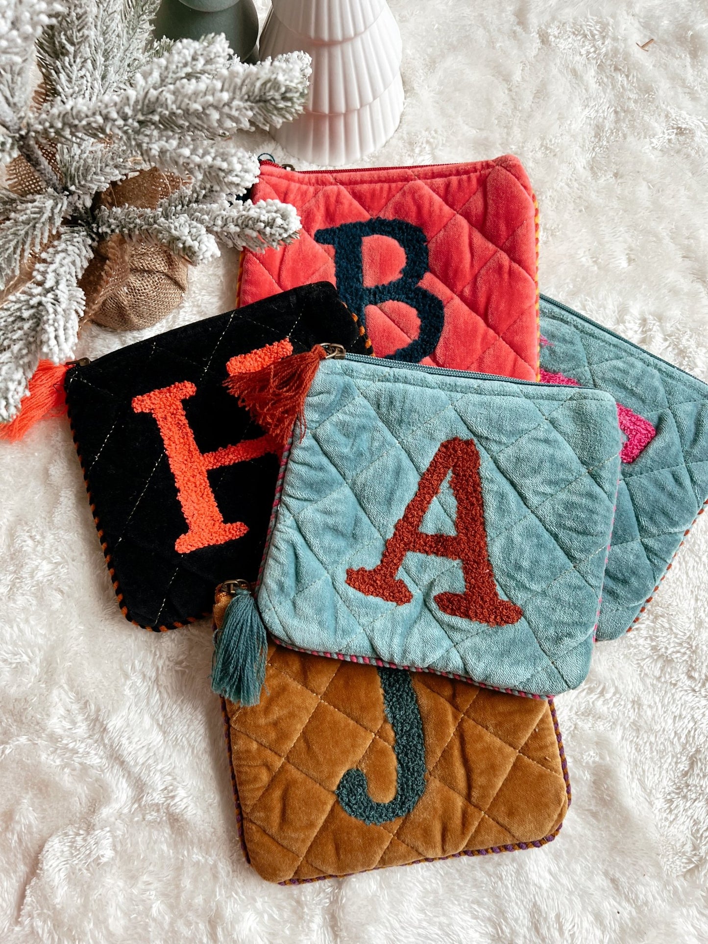 Multi Hand Embroidered Initial Velveteen Pouch - Magnolia Boutique