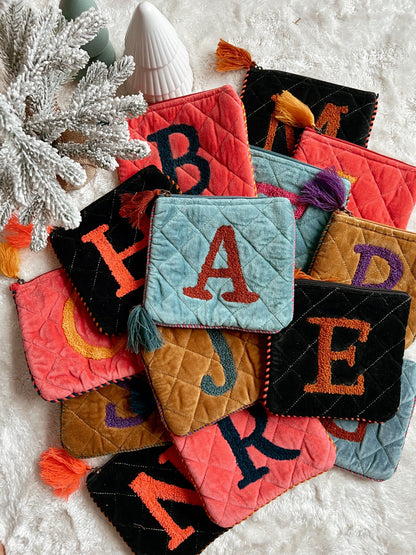 Multi Hand Embroidered Initial Velveteen Pouch - Magnolia Boutique