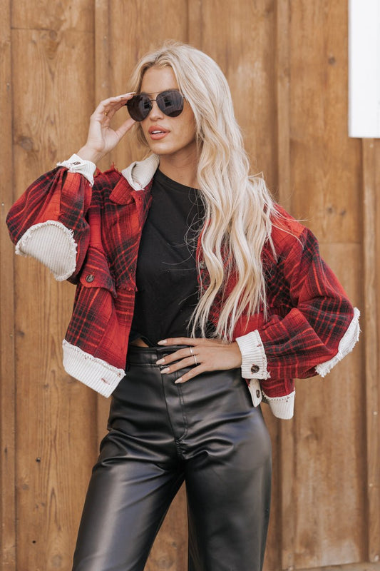 Multi Red Plaid Contrast Hooded Jacket - Magnolia Boutique