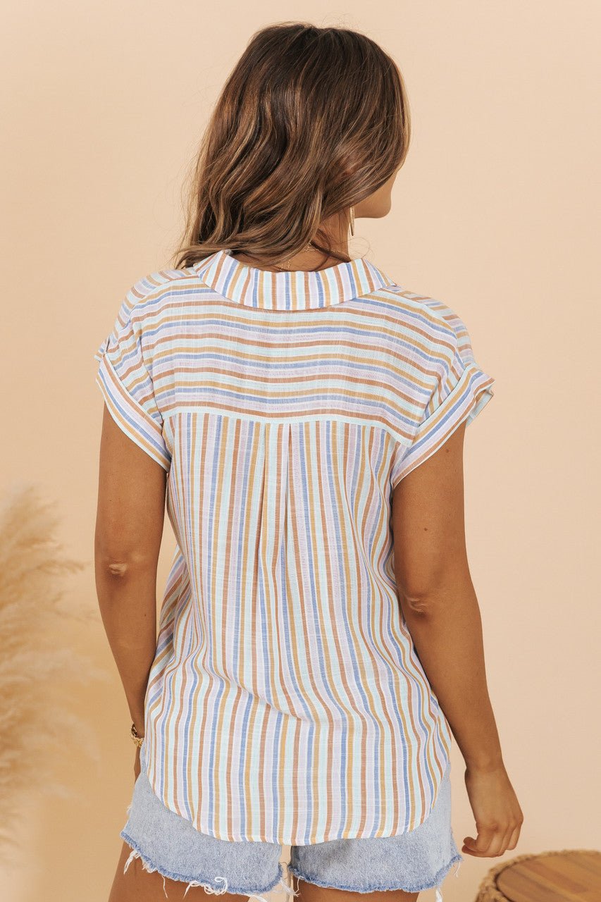 Multi Striped Short Sleeve Button Down Top - Magnolia Boutique