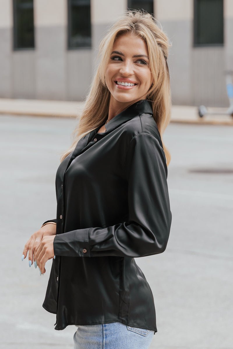 Muse by Magnolia Black Silky Button Down Shirt - Magnolia Boutique