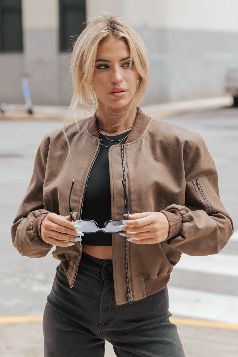 Muse by Magnolia Brown Faux Leather Bomber Jacket | Magnolia Boutique