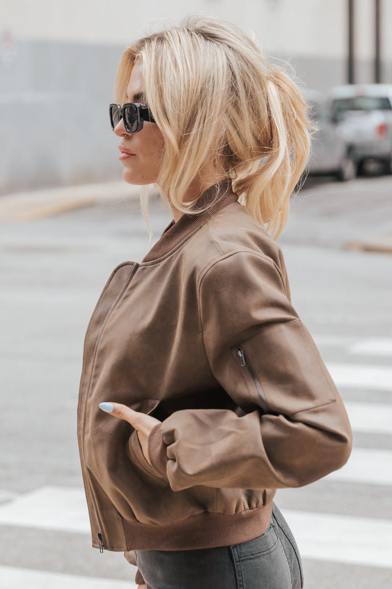 Muse by Magnolia Brown Faux Leather Bomber Jacket