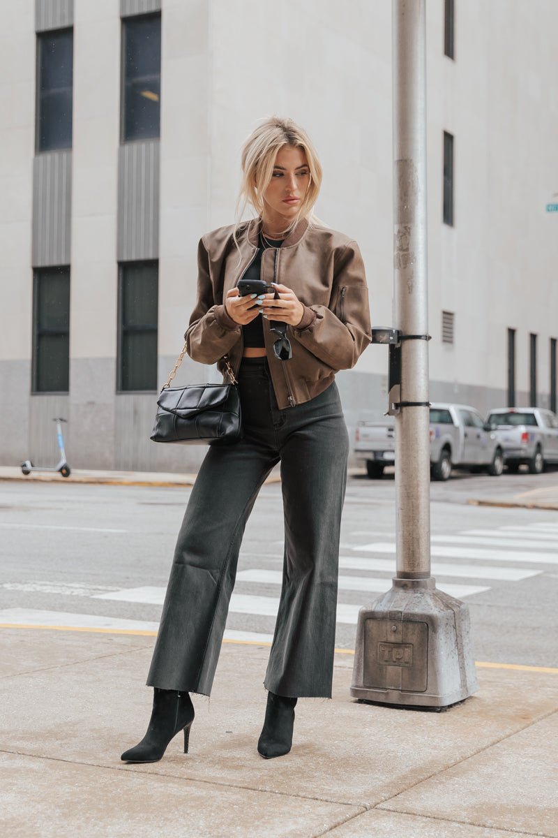 Muse by Magnolia Brown Faux Leather Bomber Jacket | Magnolia Boutique