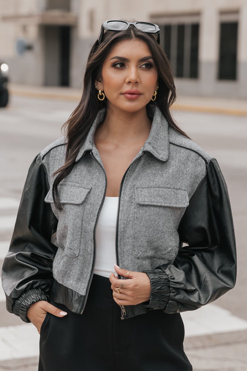 Black And White Contrast Cropped Faux Leather Jacket