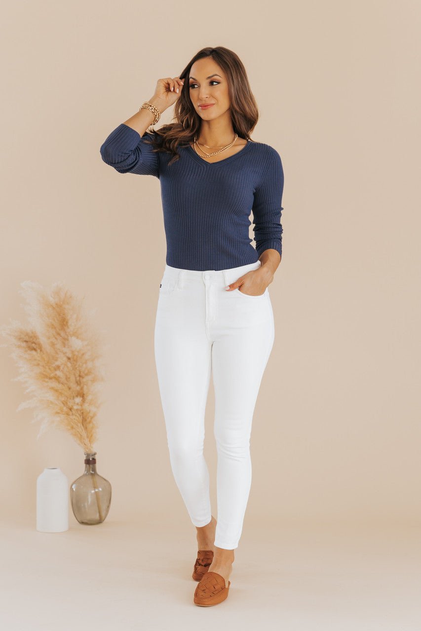 Navy Long Sleeve V Neck Ribbed Sweater - FINAL SALE - Magnolia Boutique