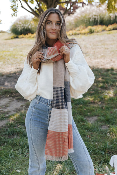 Plaid Colorblock Waffle Fringe Scarf