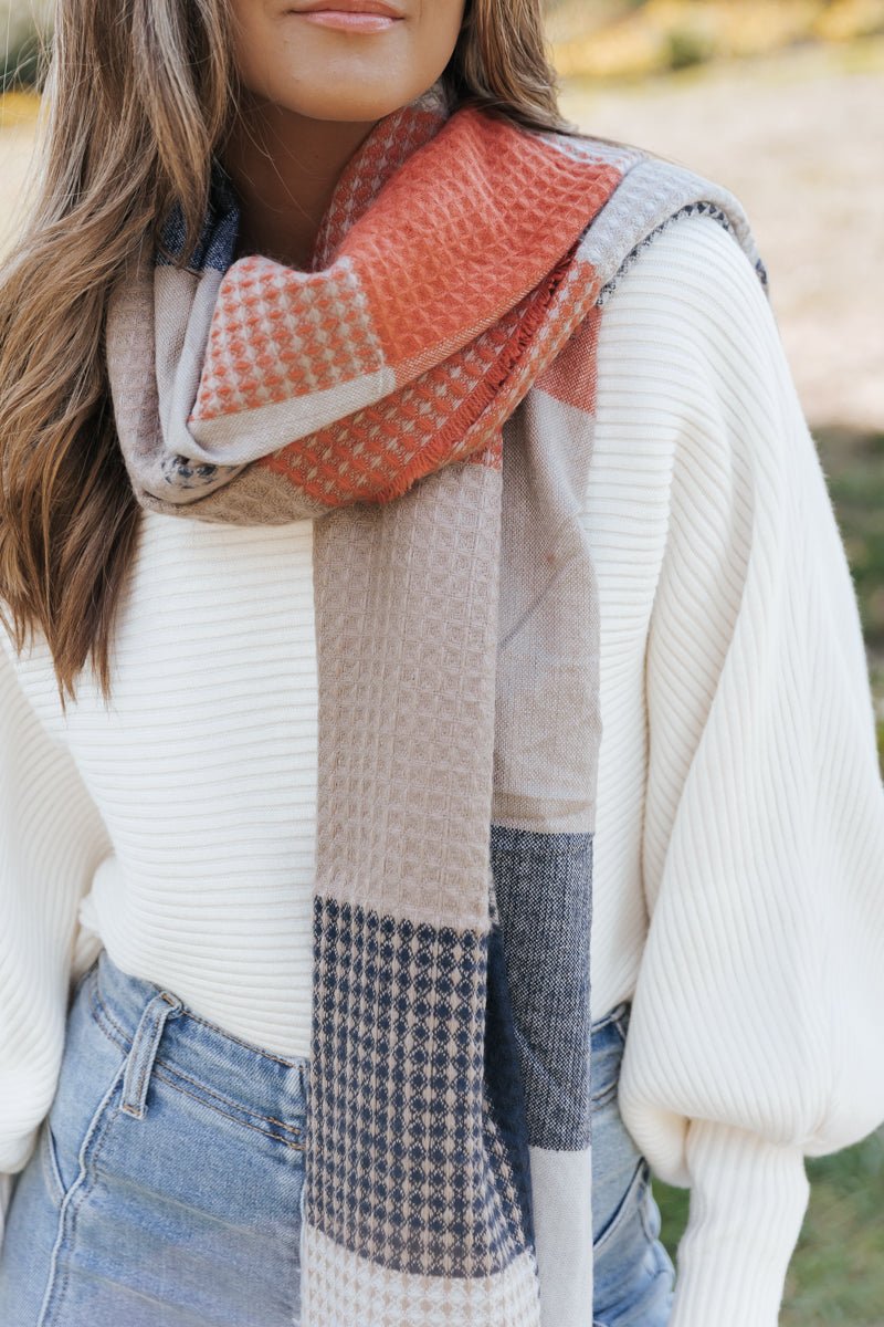 Plaid Colorblock Waffle Fringe Scarf