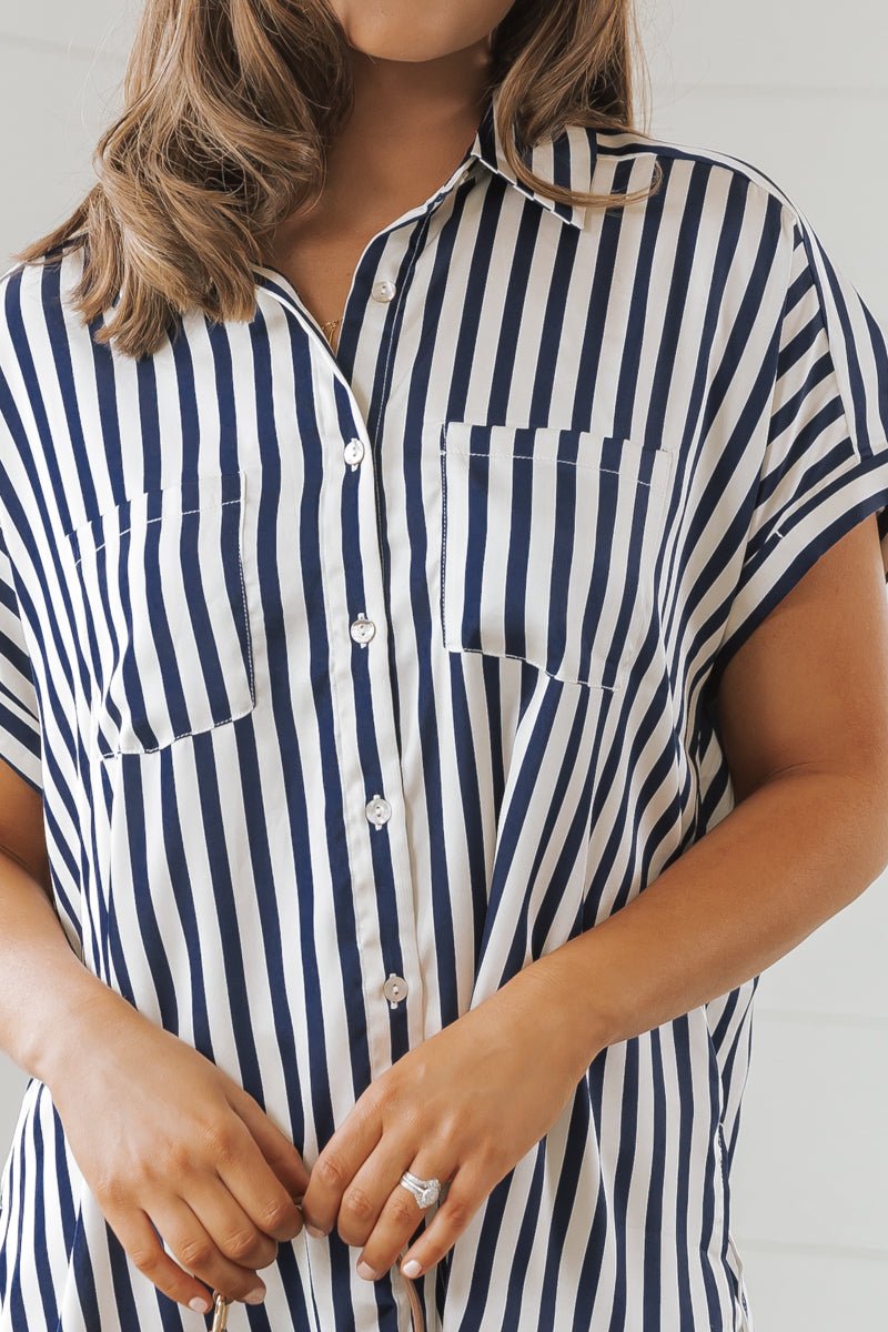 Navy Striped Button Down Satin Shirt - Magnolia Boutique