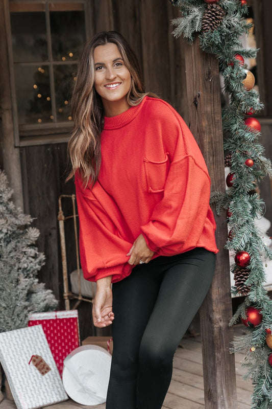 Neon Red Balloon Sleeve Pullover Sweater - Magnolia Boutique