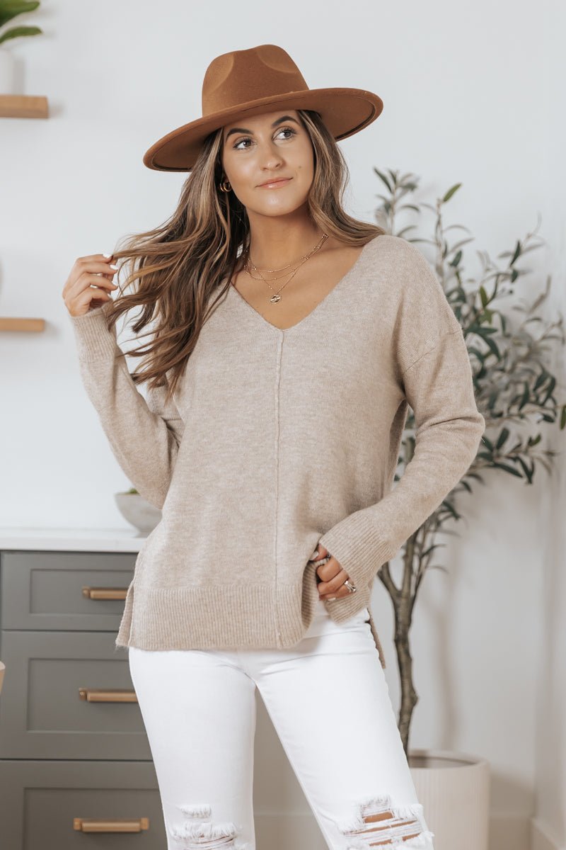 Oatmeal Seam Detail V Neck Sweater - Magnolia Boutique