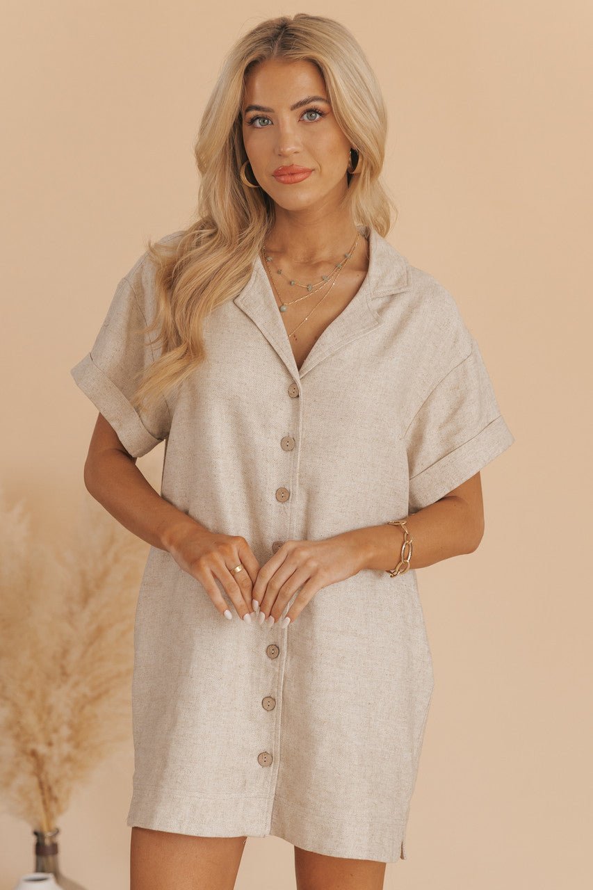 Oatmeal Short Sleeve Button Down Shirt Dress - FINAL SALE - Magnolia Boutique