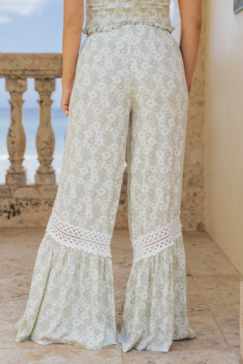 Ocean Drive Sage & White Floral Print Ruffle Pants - FINAL SALE - Magnolia Boutique