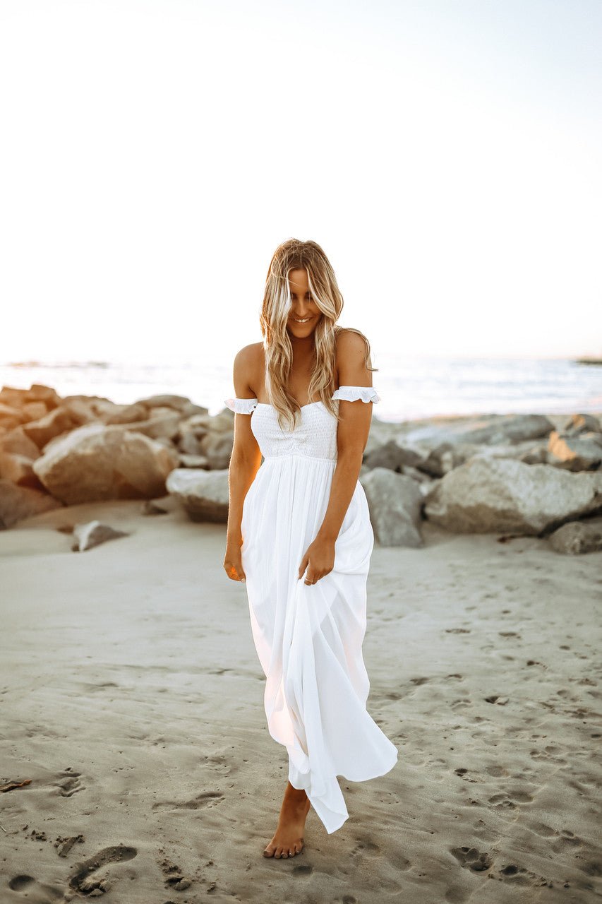 White smocked off the shoulder outlet dress