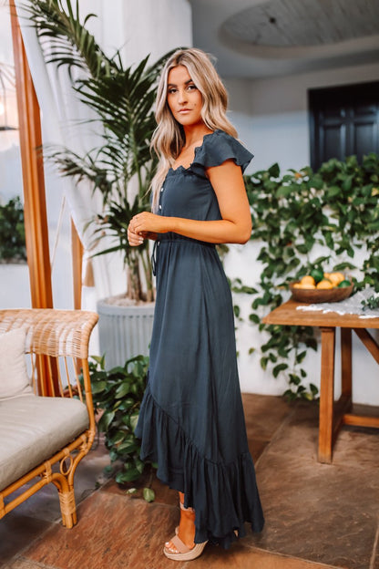 Off the Shoulder Button Down High Low Maxi - Navy - Magnolia Boutique