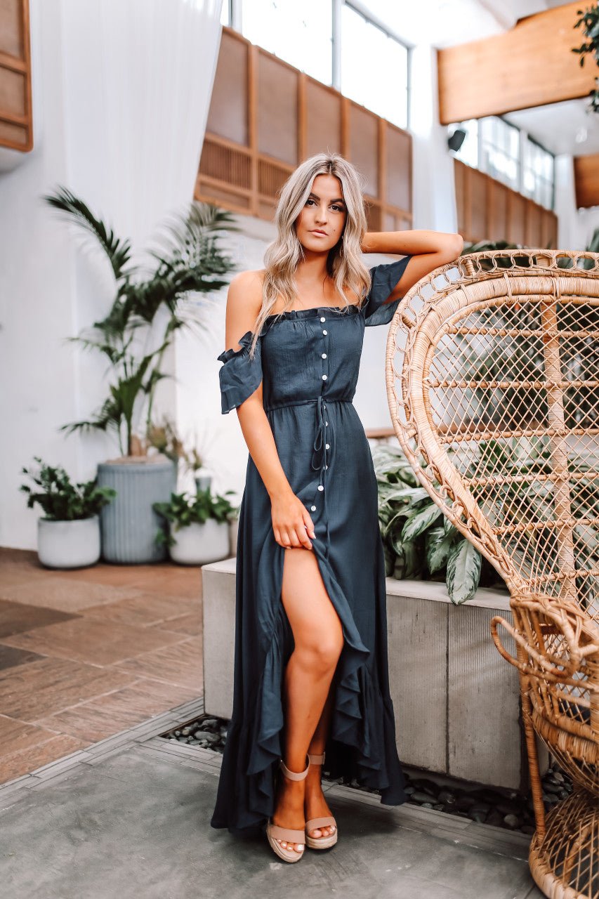Off Shoulder Button-Down High-Low Maxi Dress In Navy Blue Magnolia Boutique Off Shoulder Button-Down High-Low Maxi Dress In Navy Blue Magnolia Boutique