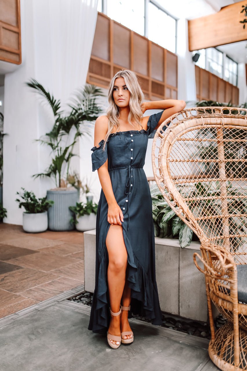 Navy High Low Dress: Off The Shoulder Button Down Maxi Navy High Low Dress: Off The Shoulder Button Down Maxi