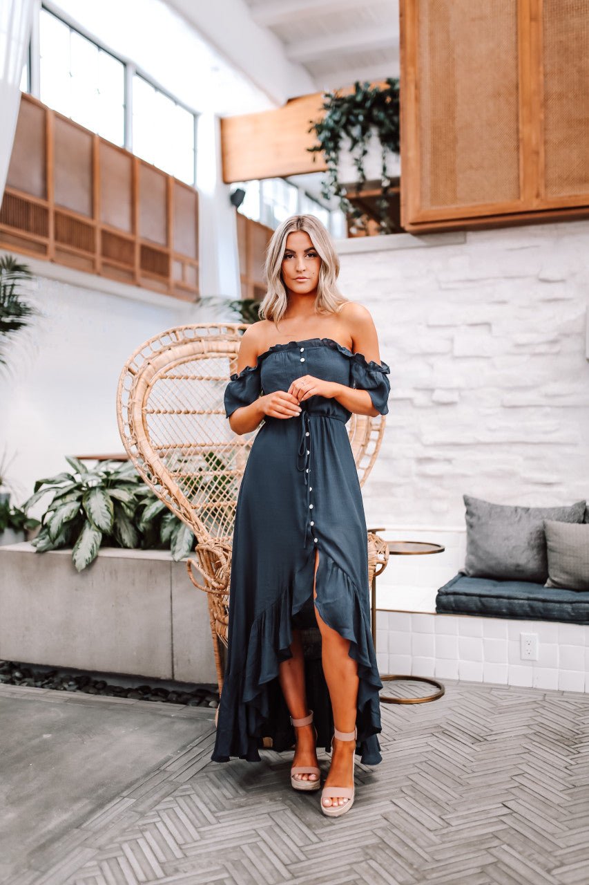 Button off shoulder dress best sale