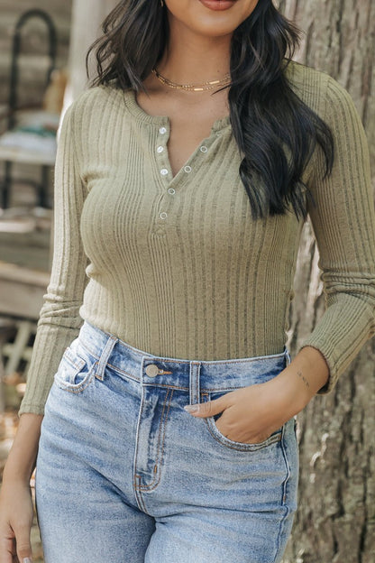 Olive Brushed Button Up Ribbed Top - Magnolia Boutique