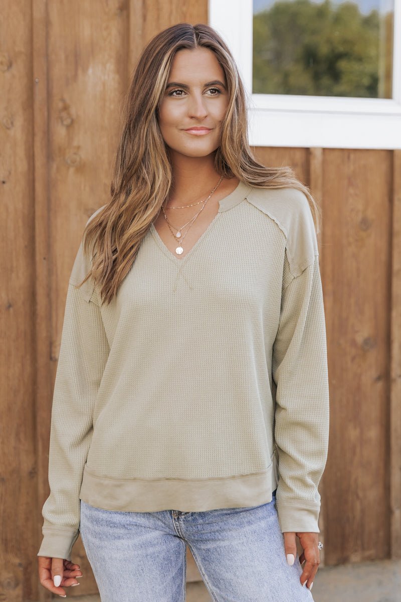 Olive Contrast Waffle Ribbed Top - Magnolia Boutique