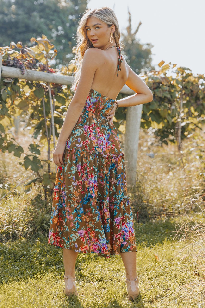 Olive Floral Print Open Back Midi Dress - FINAL SALE - Magnolia Boutique