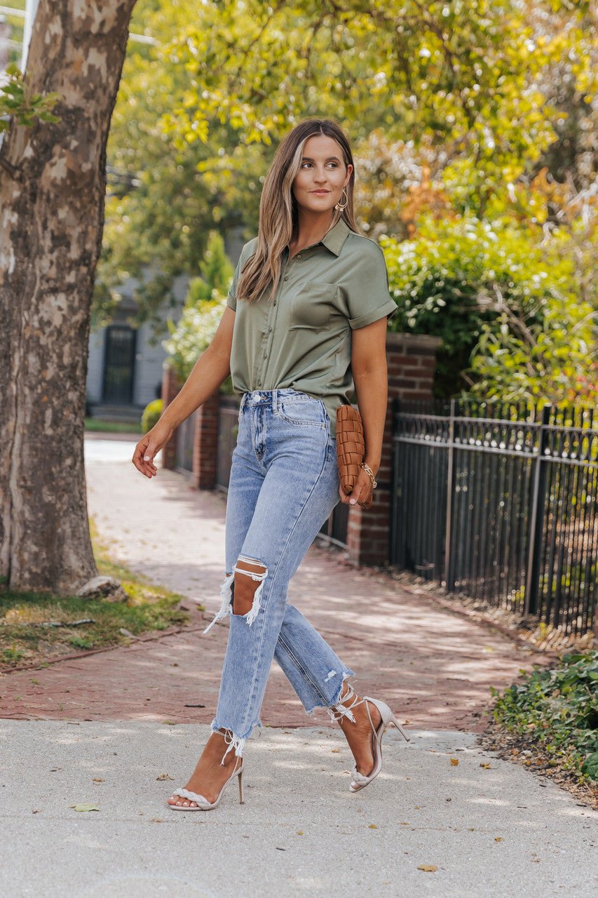 Olive Short Sleeve Satin Button Up Top - Magnolia Boutique