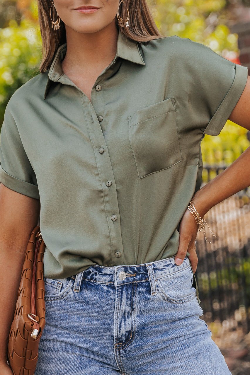 Olive Short Sleeve Satin Button Up Top